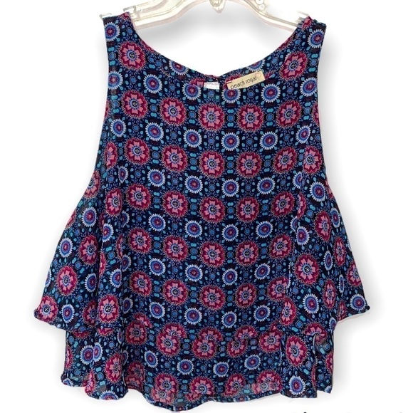 Peach Royal Blue Tank Top w Floral Bright Print Size Small - Picture 1 of 4